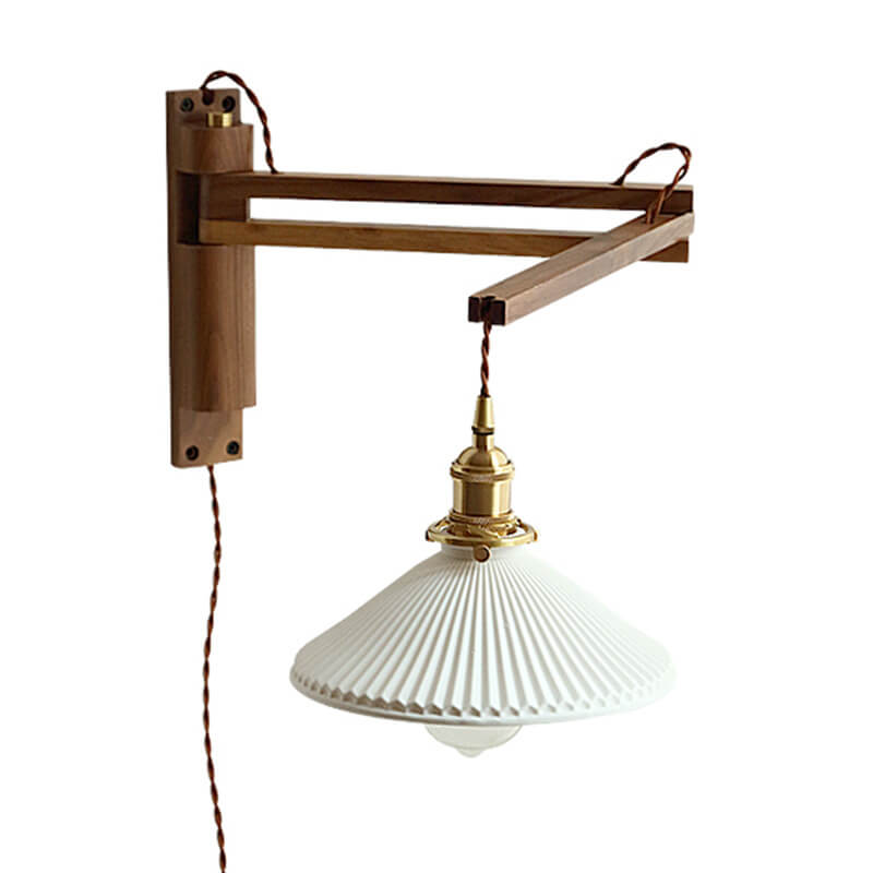 Nordic White Striped Glass Wall Sconce Lamp with Walnut Retractable Design - 1 Light