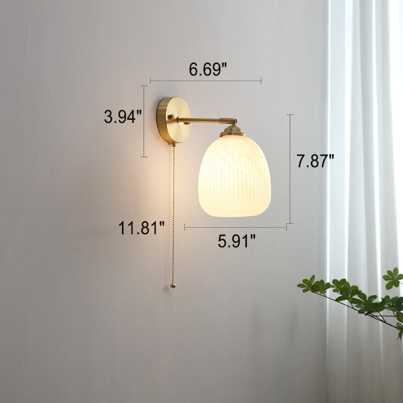Nordic Style White Glass and Brass 1-Light Wall Sconce with Pull Cord