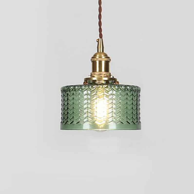 Vintage Japanese Brass and Glass Round Pendant Light with One Bulb