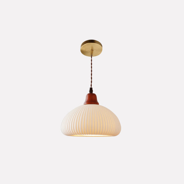 Vintage Japanese Ceramic Round Dome Pendant Light with Pleated Design and Wooden Accents