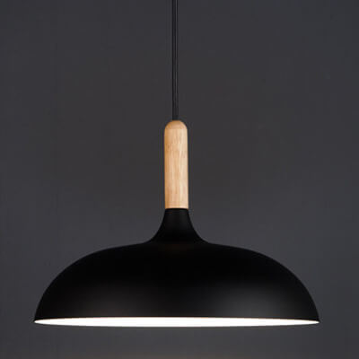 Contemporary Metal Pendant Light with Wooden Top - 1-Light Dome Design