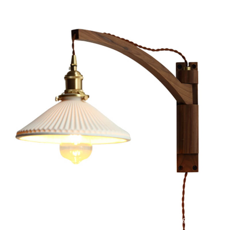 Nordic White Striped Glass Wall Sconce Lamp with Walnut Retractable Design - 1 Light