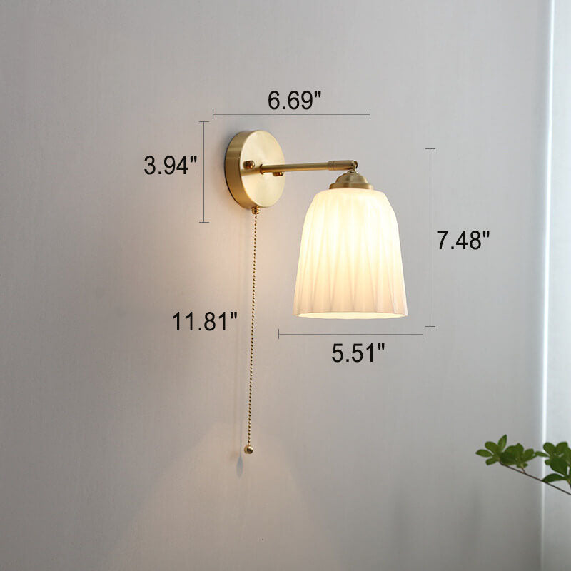 Nordic Style White Glass and Brass 1-Light Wall Sconce with Pull Cord