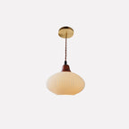 Vintage Japanese Ceramic Round Dome Pendant Light with Pleated Design and Wooden Accents