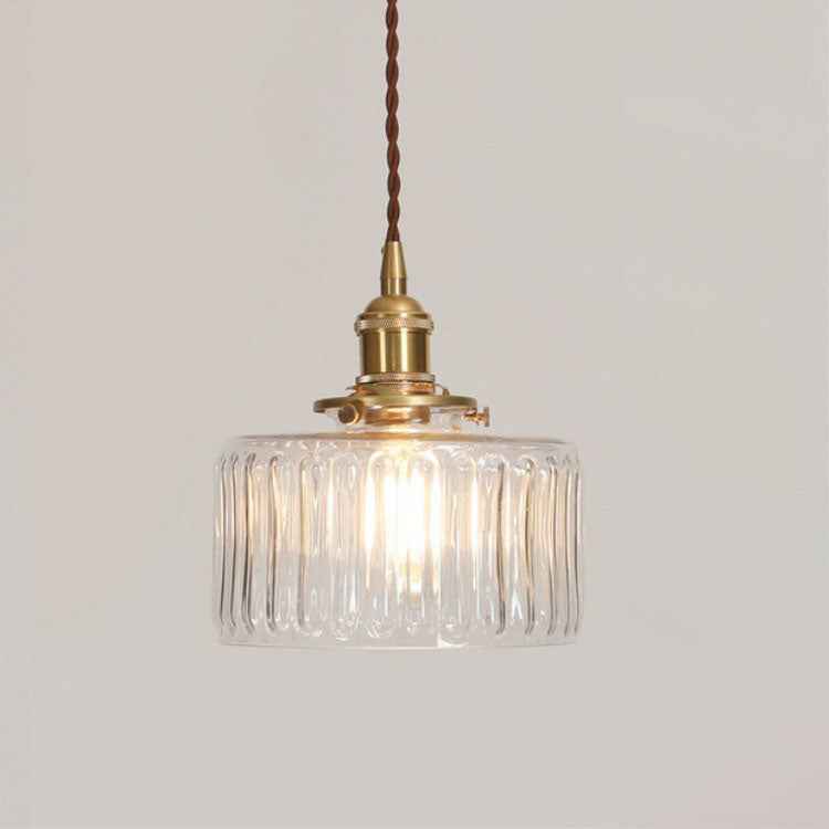 Vintage Japanese Brass and Glass Round Pendant Light with One Bulb