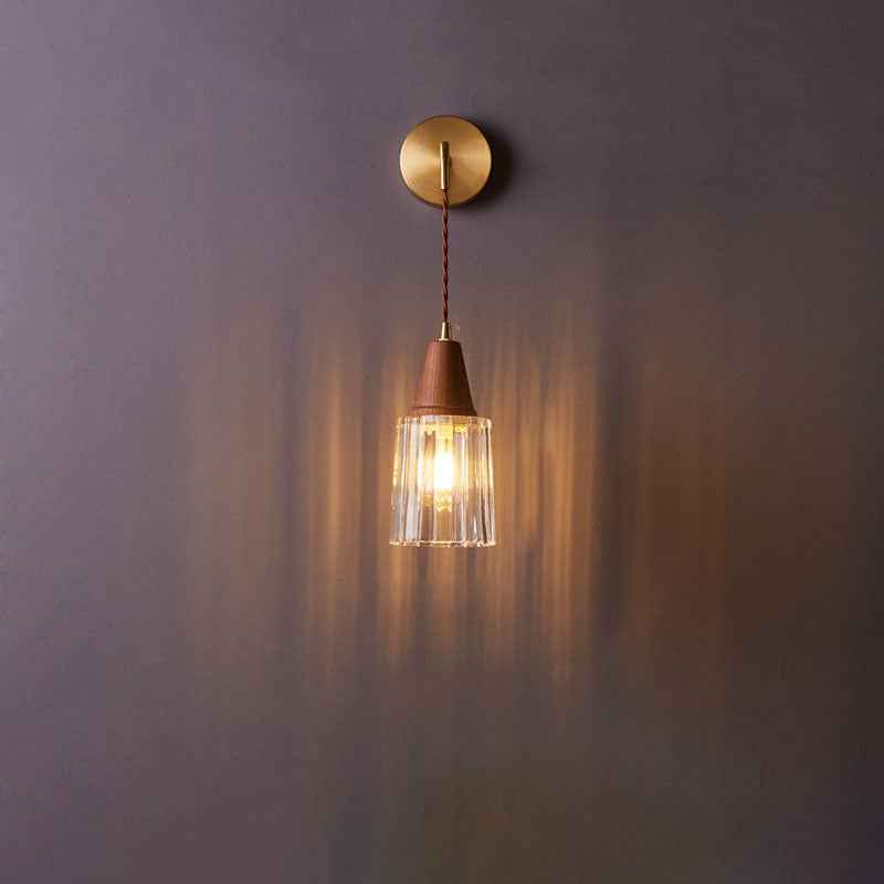 1-Light Wall Sconce Lamp with Japanese Walnut, Glass, and Copper Cylinder Design