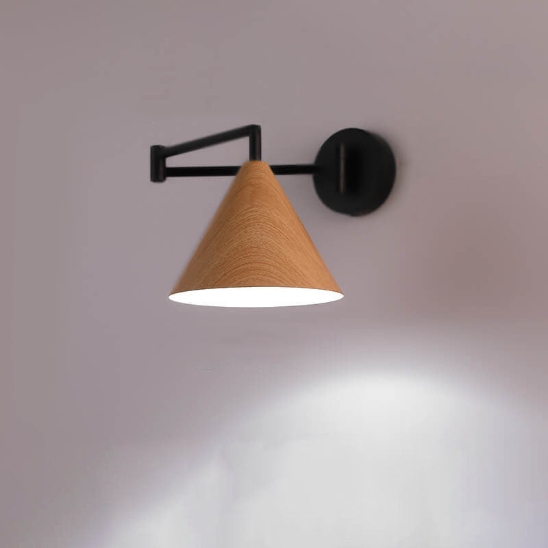 Nordic Minimalist Cone Swing Arm Wall Sconce - Wood Grain Iron, 1-Light