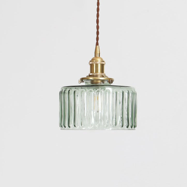 Vintage Japanese Brass and Glass Round Pendant Light with One Bulb