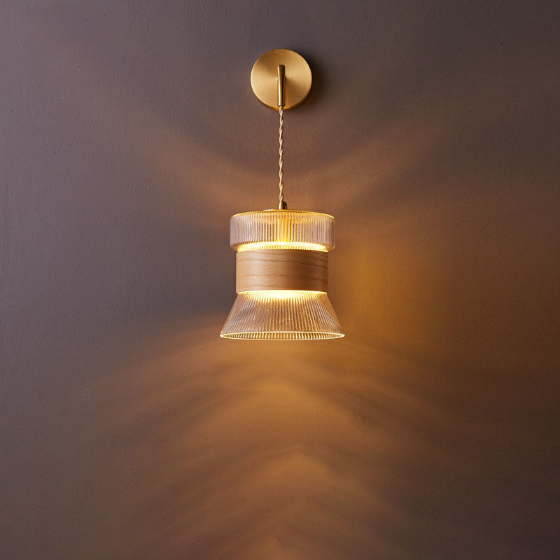 1-Light Wall Sconce Lamp with Japanese Walnut, Glass, and Copper Cylinder Design