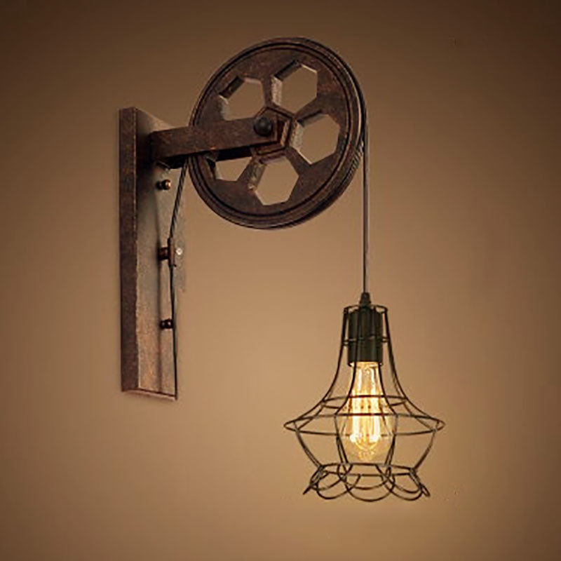 Retro Industrial Iron Wall Sconce Lamp with Single Pulley Light