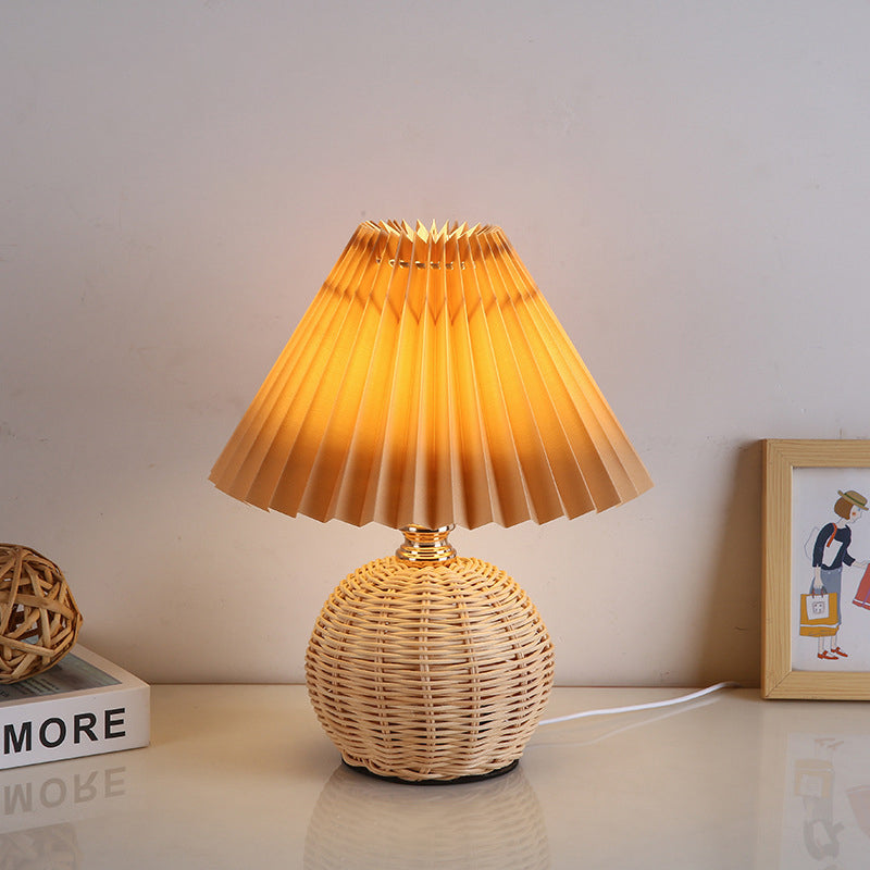 Modern Nordic Rattan Fabric Pleated Conical LED Table Lamp for Bedroom