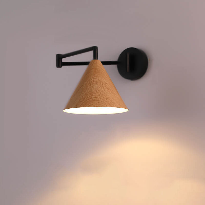 Nordic Minimalist Cone Swing Arm Wall Sconce - Wood Grain Iron, 1-Light