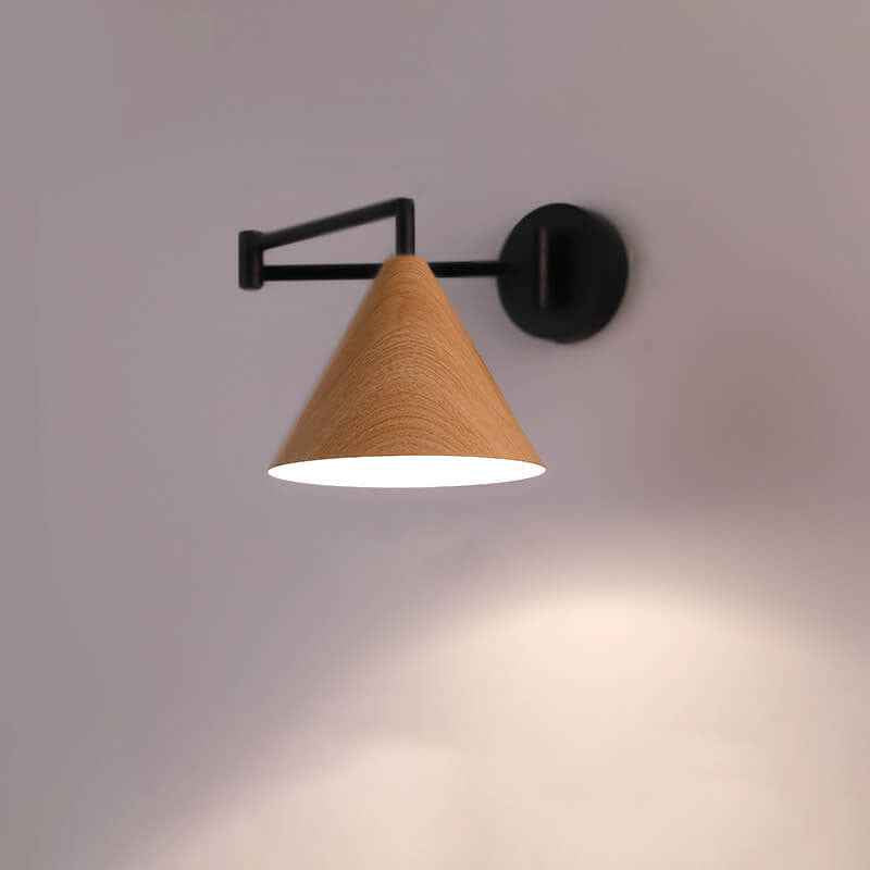 Nordic Minimalist Cone Swing Arm Wall Sconce - Wood Grain Iron, 1-Light