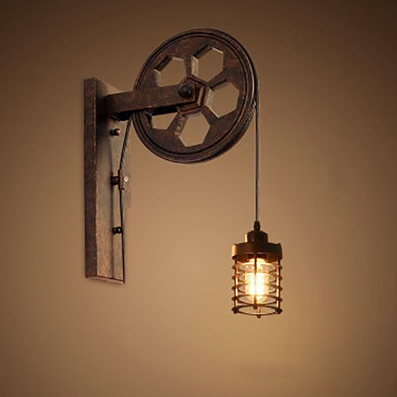 Retro Industrial Iron Wall Sconce Lamp with Single Pulley Light