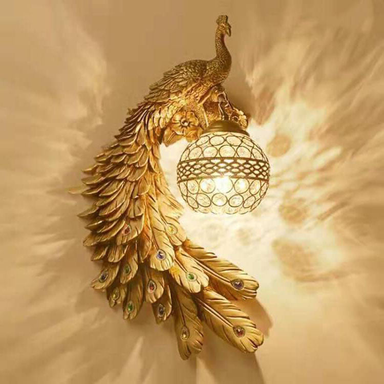 Elegant Vintage Resin Peacock Wall Sconce Lamp with Crystal Ball Shade - 1-Light