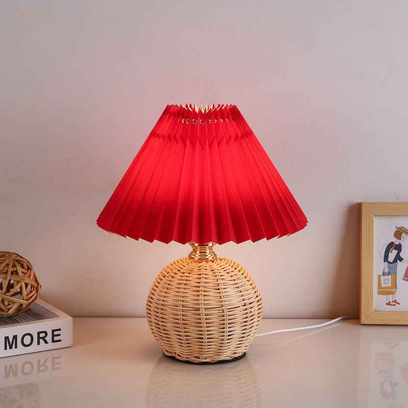 Modern Nordic Rattan Fabric Pleated Conical LED Table Lamp for Bedroom
