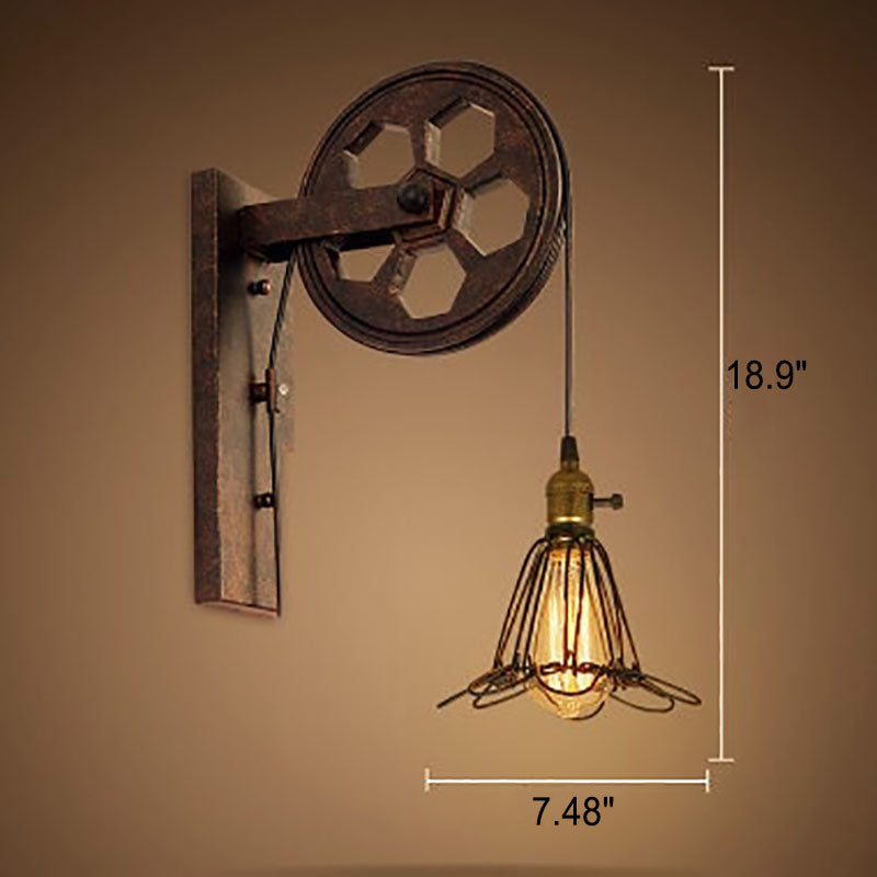 Retro Industrial Iron Wall Sconce Lamp with Single Pulley Light
