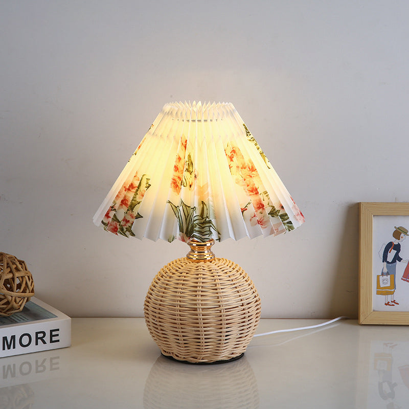 Modern Nordic Rattan Fabric Pleated Conical LED Table Lamp for Bedroom