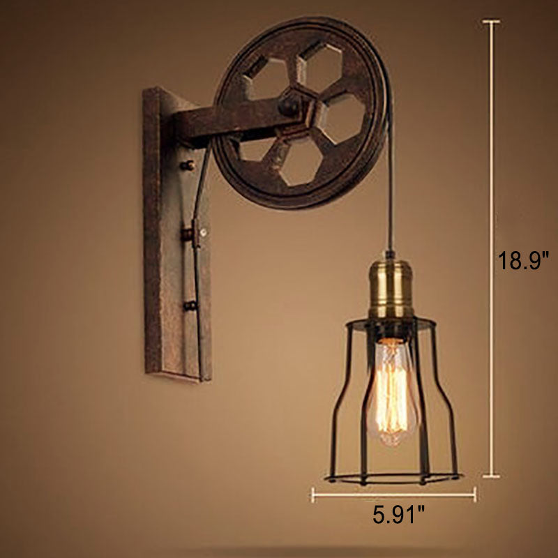 Retro Industrial Iron Wall Sconce Lamp with Single Pulley Light
