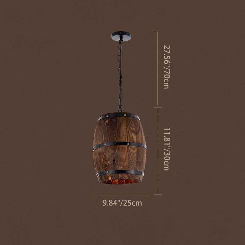 Rustic Round Wooden Wine Barrel Pendant Light - 1-Light Fixture for Dining Room