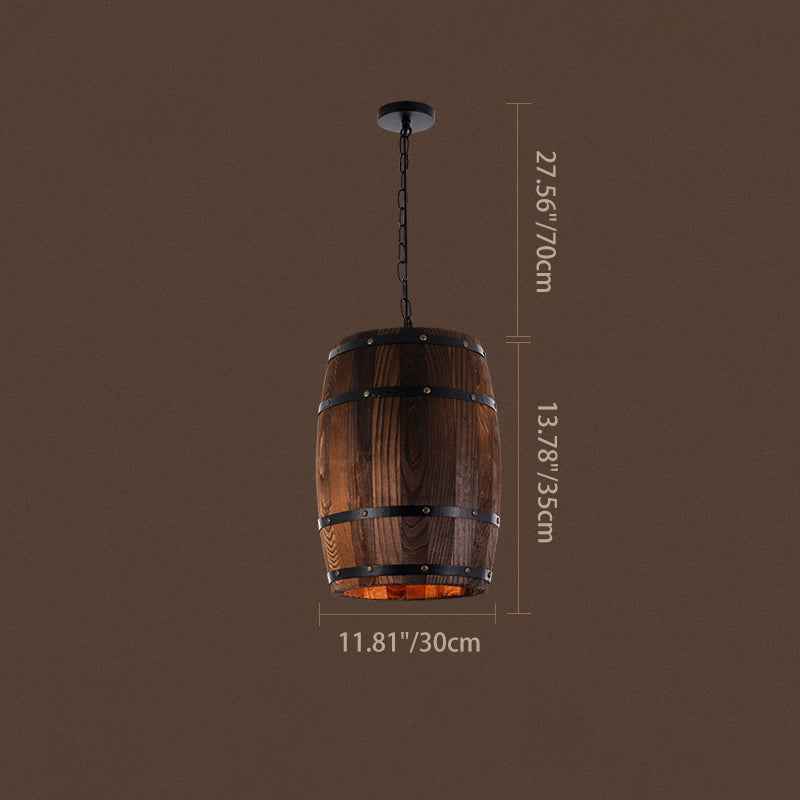 Rustic Round Wooden Wine Barrel Pendant Light - 1-Light Fixture for Dining Room