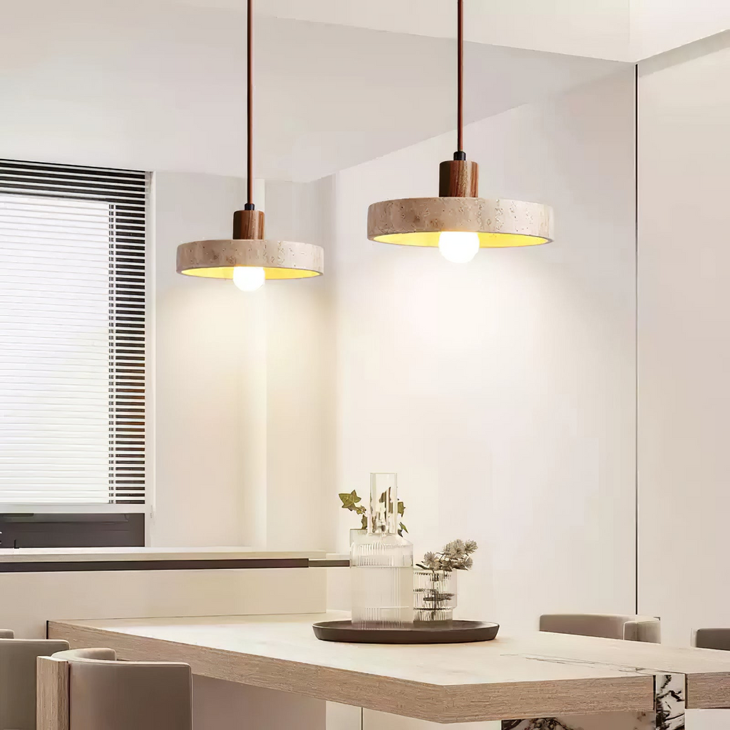 SabiStone: Handmade Wabi-Sabi Stone Pendant Light with Walnut Wood – for Bedrooms & Nightstands