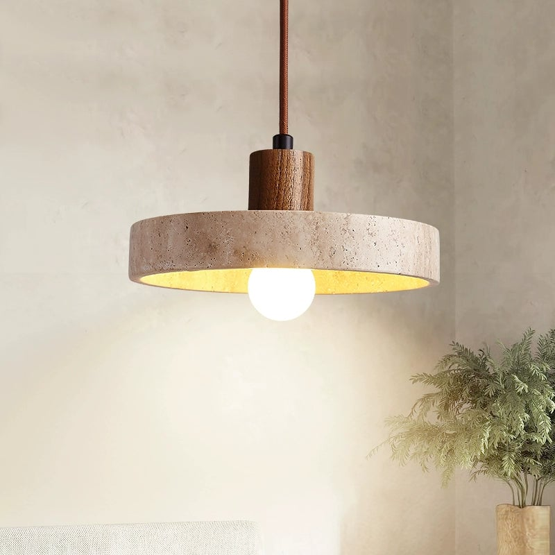 SabiStone: Handmade Wabi-Sabi Stone Pendant Light with Walnut Wood – for Bedrooms & Nightstands
