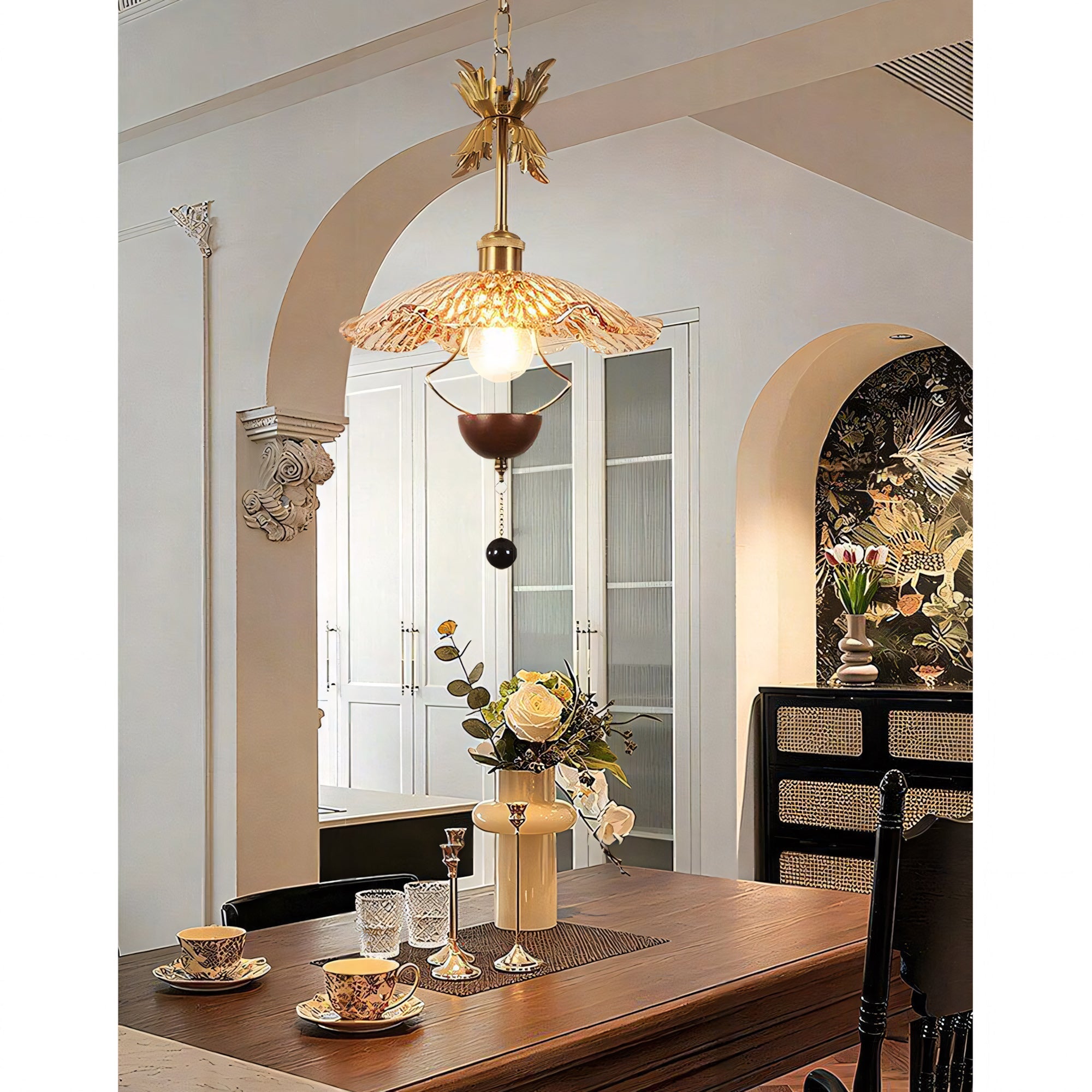 Floral Metalwork Pendant Lamp, Antique Copper