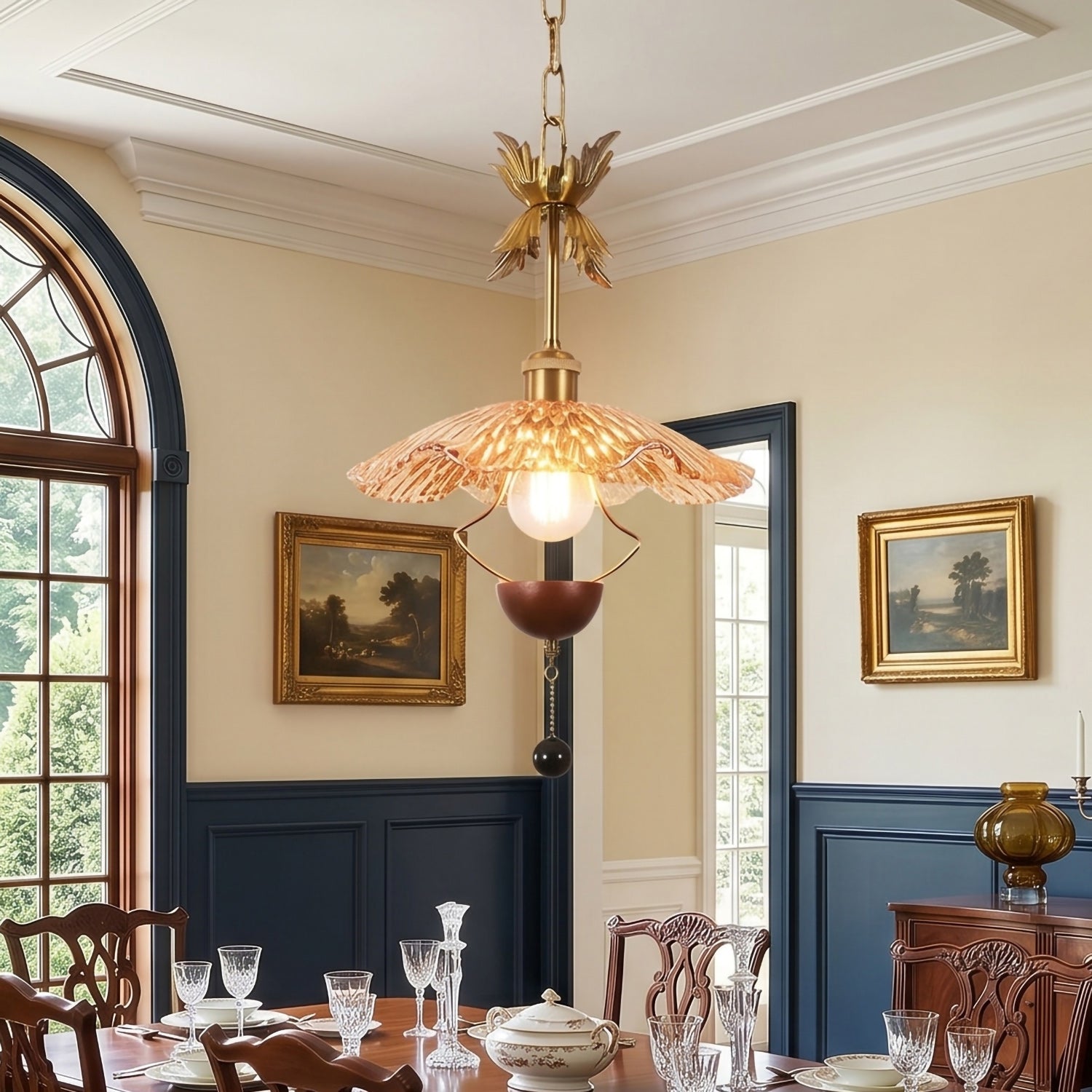 Floral Metalwork Pendant Lamp, Antique Copper