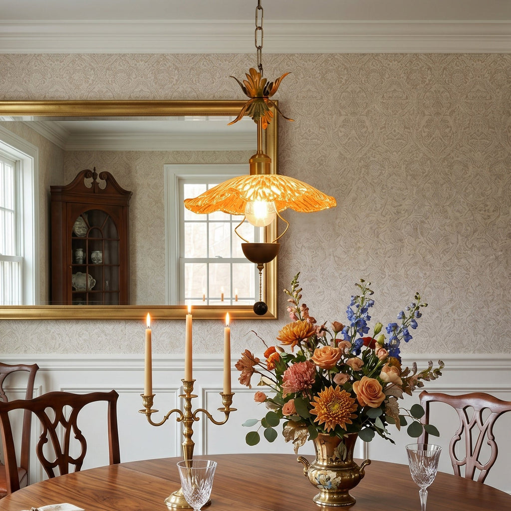 Floral Metalwork Pendant Lamp, Antique Copper