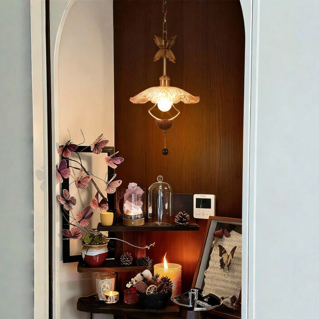 Floral Metalwork Pendant Lamp, Antique Copper