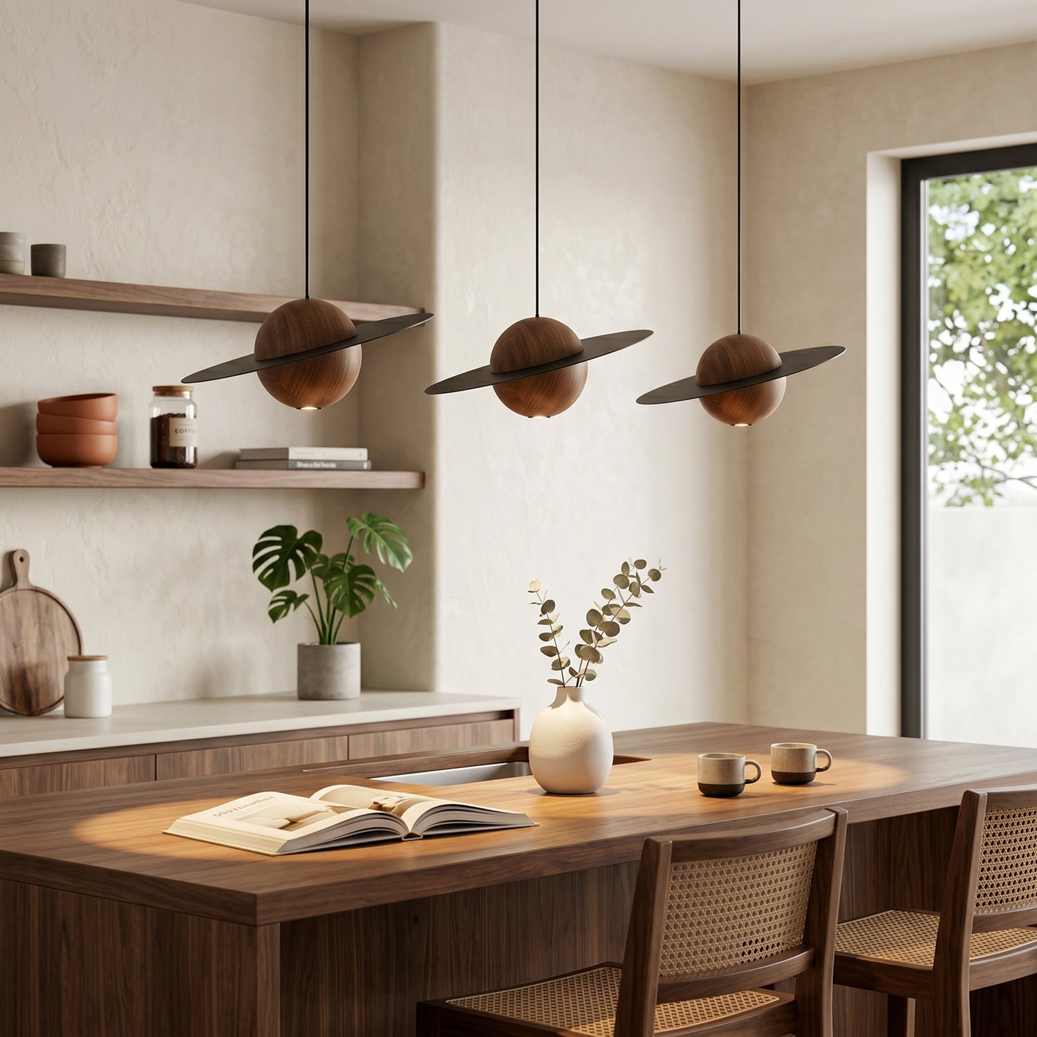 Saturn Celestial Walnut Orb Pendant Light