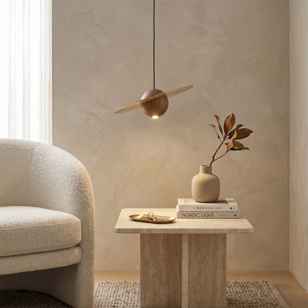 Saturn Celestial Walnut Orb Pendant Light