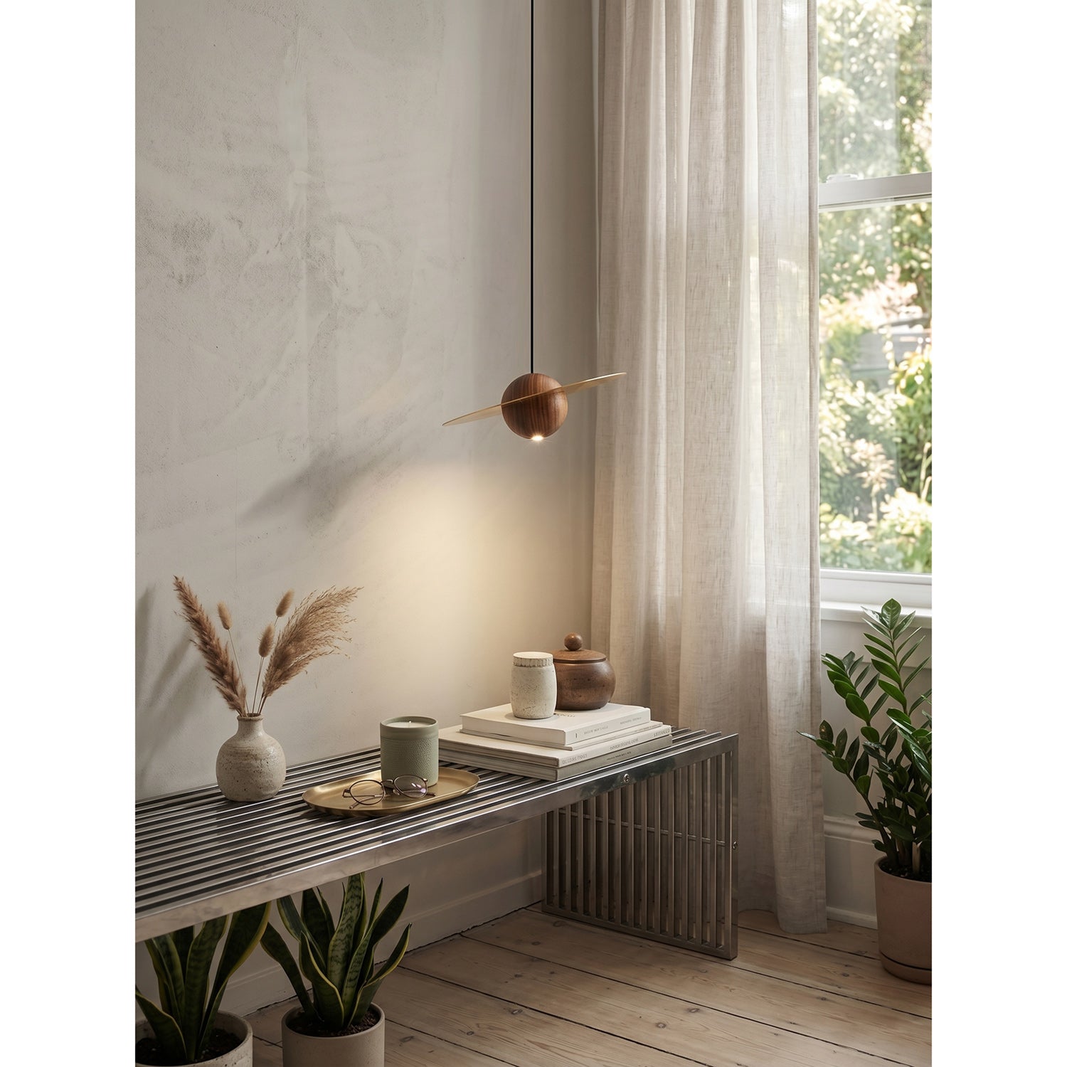 Saturn Celestial Walnut Orb Pendant Light