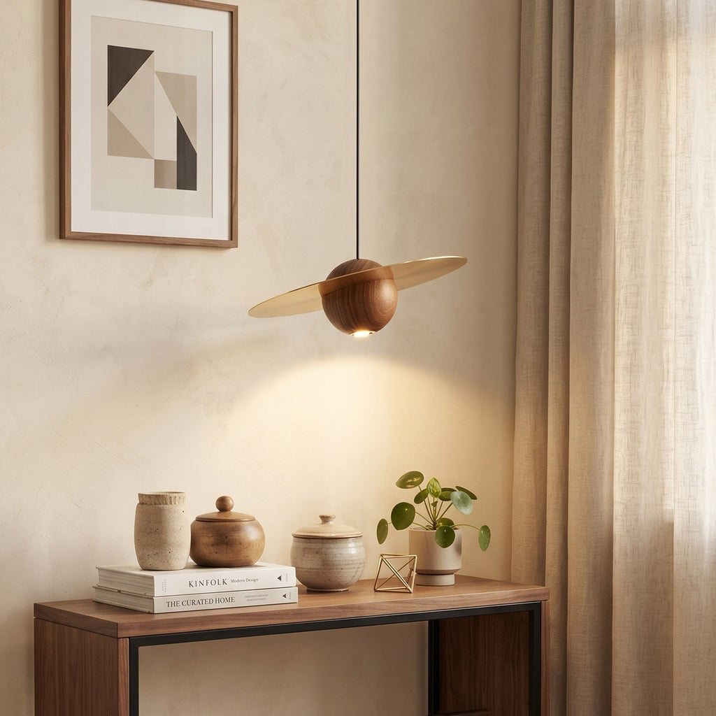 Saturn Celestial Walnut Orb Pendant Light