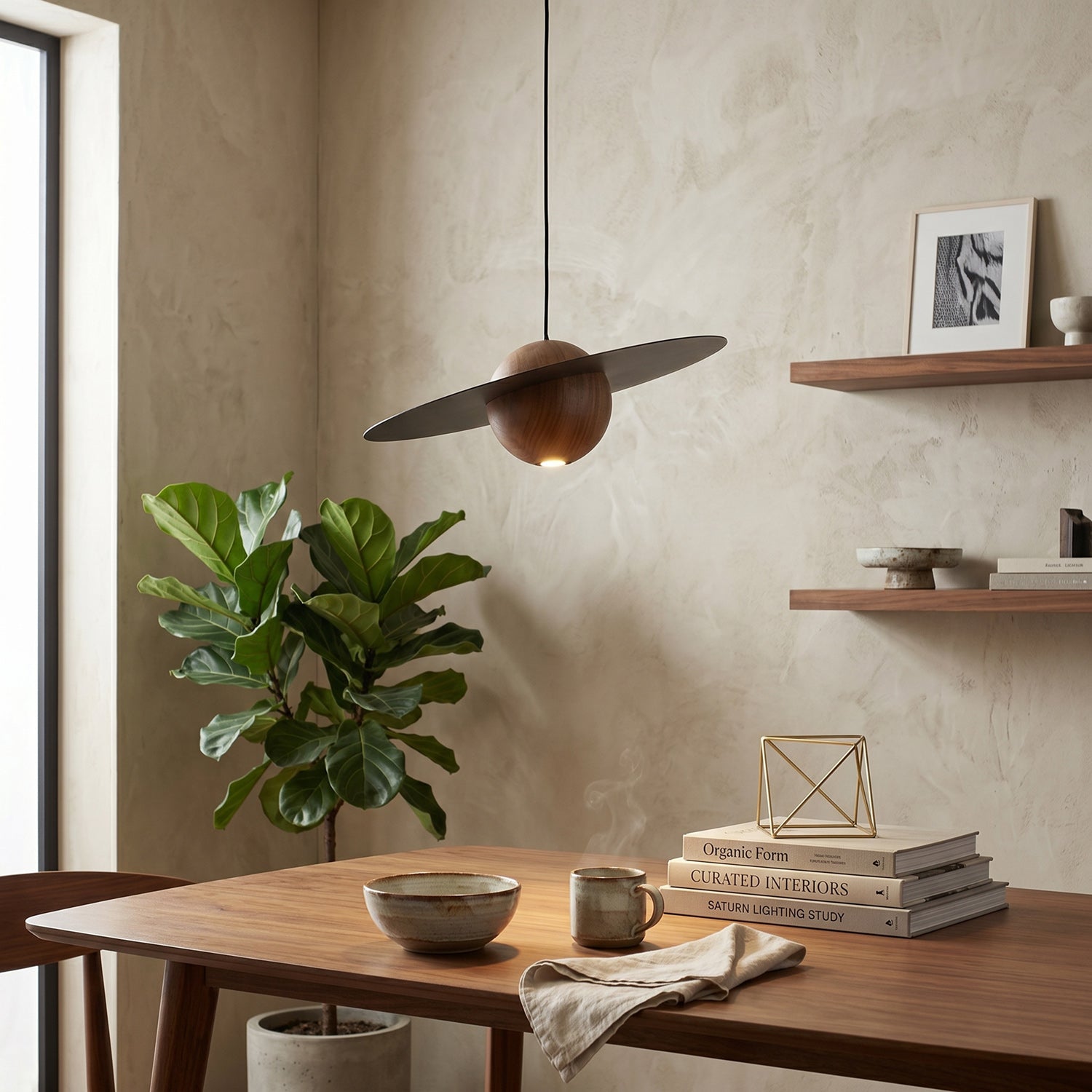 Saturn Celestial Walnut Orb Pendant Light