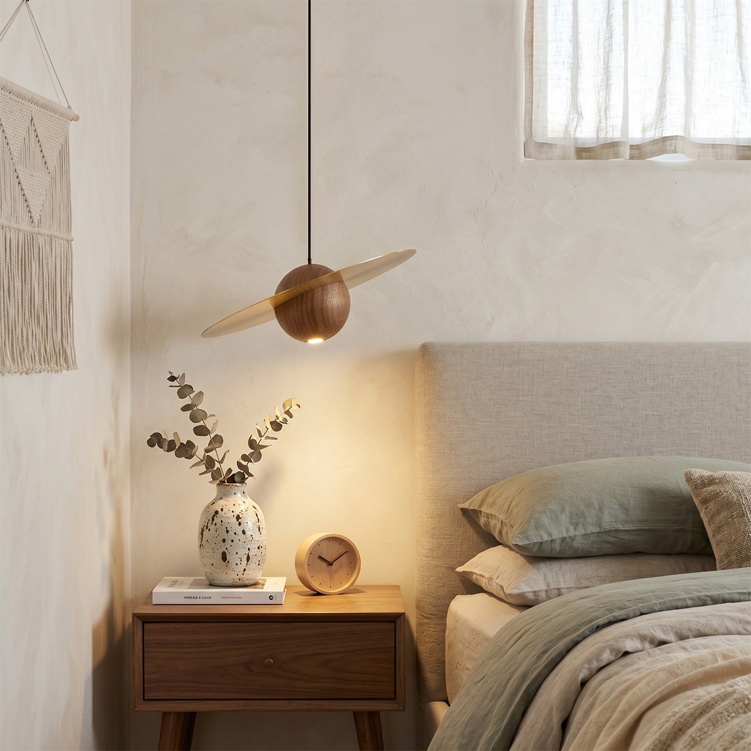 Saturn Celestial Walnut Orb Pendant Light