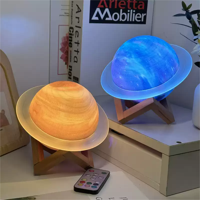 Saturn Shaped Table Lamp, Rechargeable Battery, Bluetooth Speaker, Wooden Stand