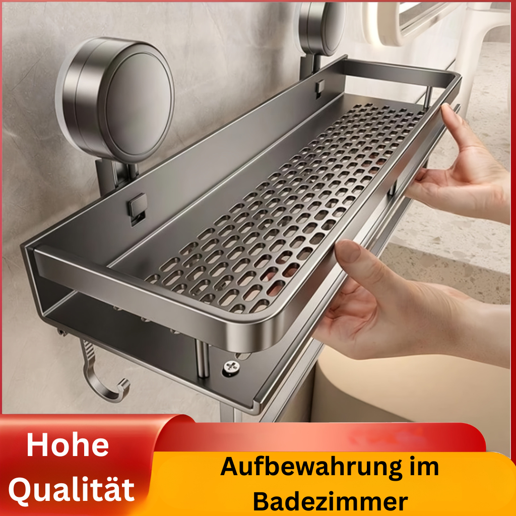 SaugFix: Wall Shelf Shower – Rustproof Plastic Shelf, Floating & Space-Saving with Suction Cups and Towel Hooks