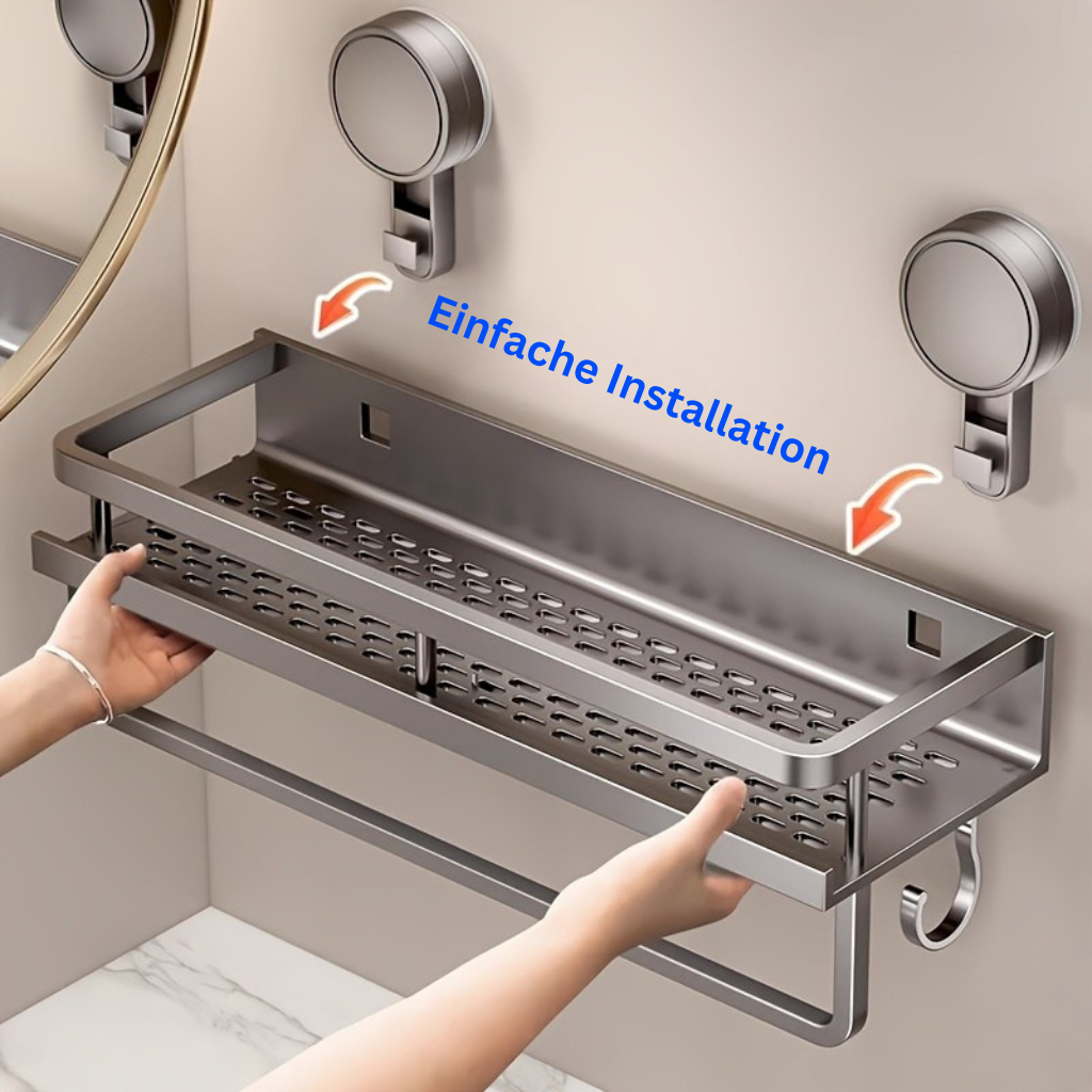 SaugFix: Wall Shelf Shower – Rustproof Plastic Shelf, Floating & Space-Saving with Suction Cups and Towel Hooks