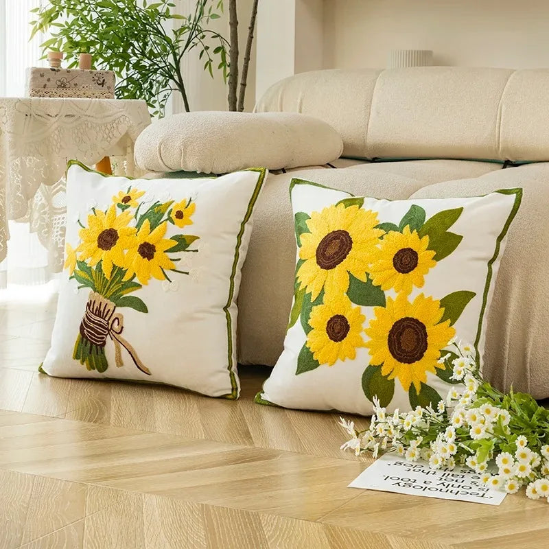 Caelirae - Cotton Embroidered Decorative Cushion 45x45 cm with Sunflower Pattern