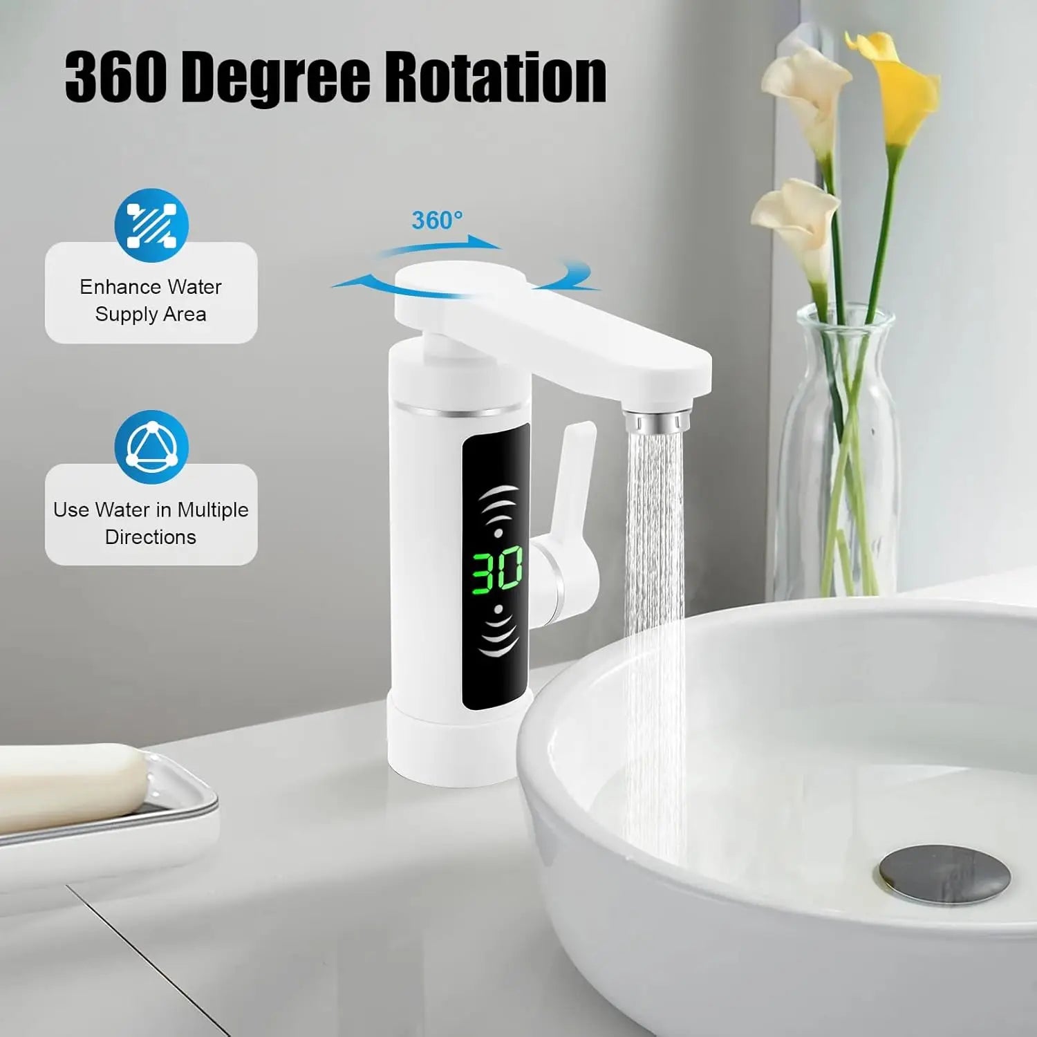 Deluvia - Electric Rotating Kitchen Faucet with Flow Heater and LED Temperature Display 3 kW