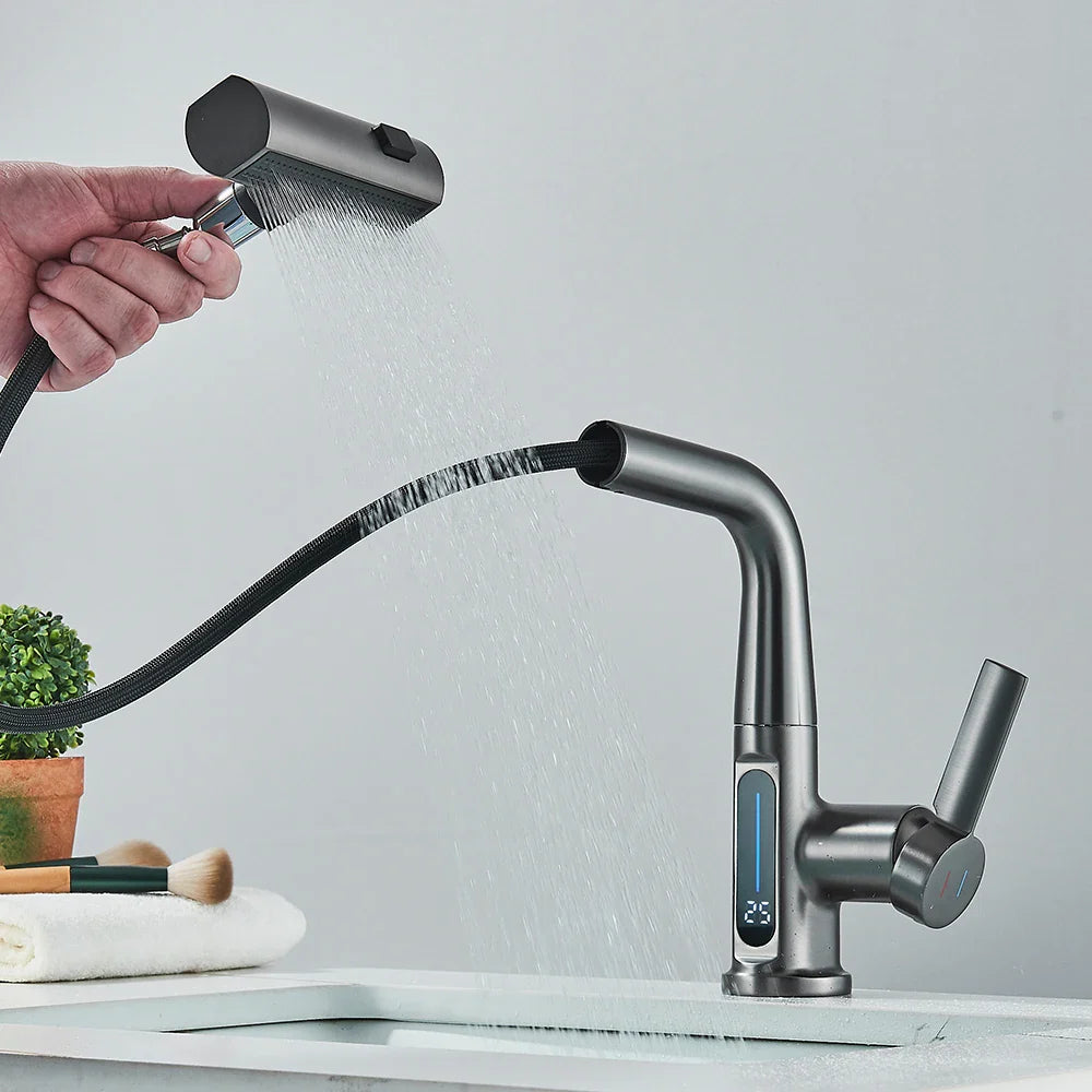 Thalenya - Waterfall Washbasin Faucet with Temperature Display and Movable Sprayer Up and Down