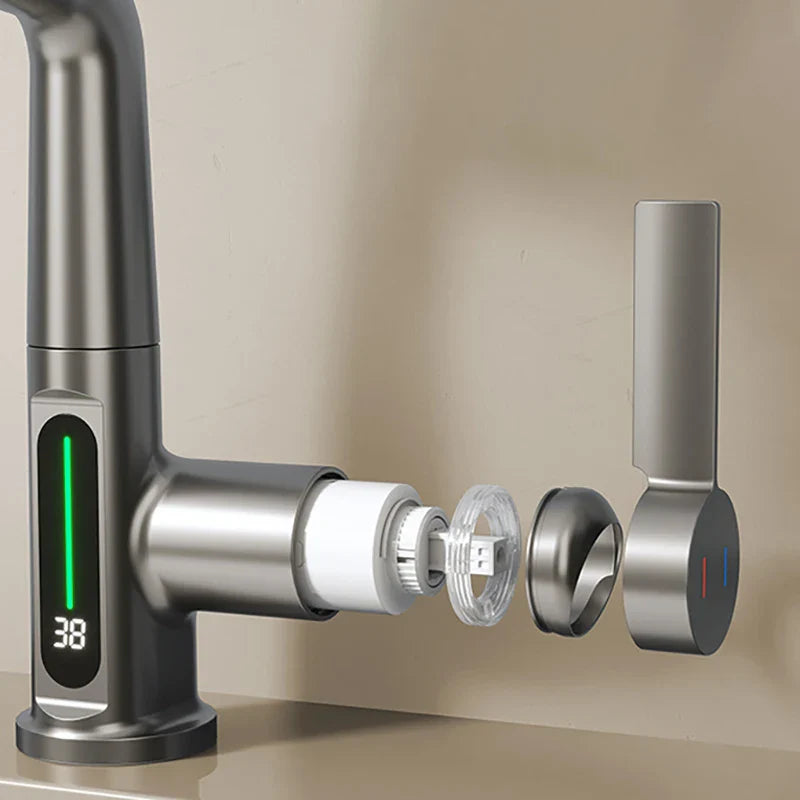 Aesthena - Extendable Waterfall Tap with Temperature Display in Stainless Steel
