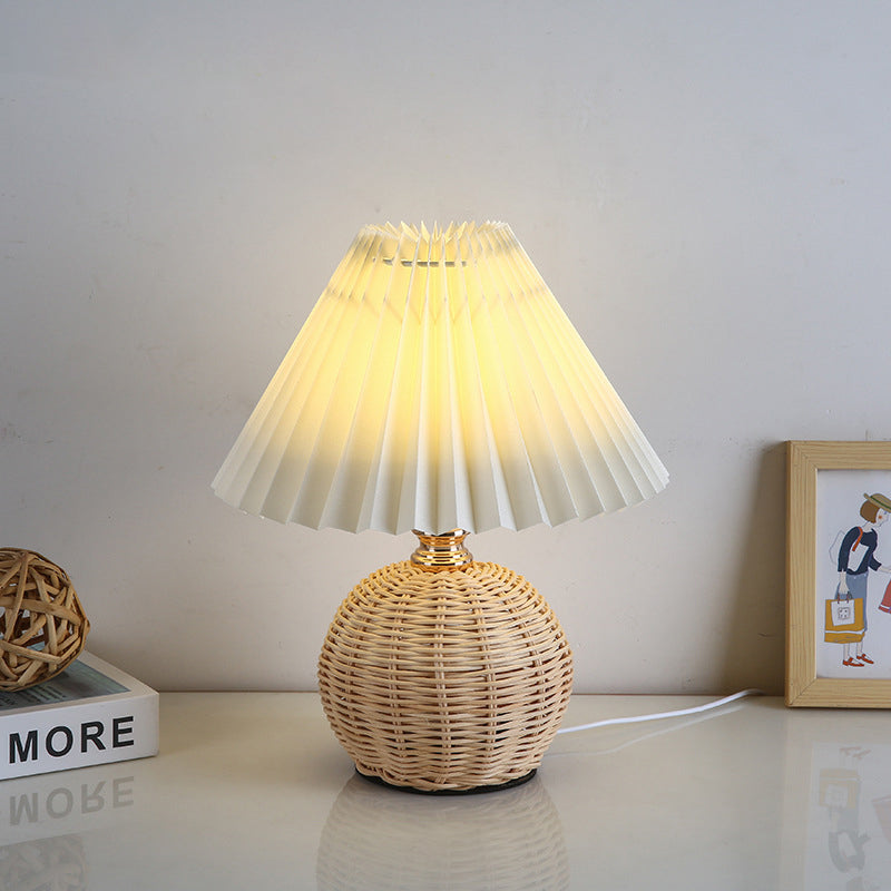 ScandiLuce: Rattan Table Lamp with Conical Fabric Shade & LED – for Bedroom & Living Room