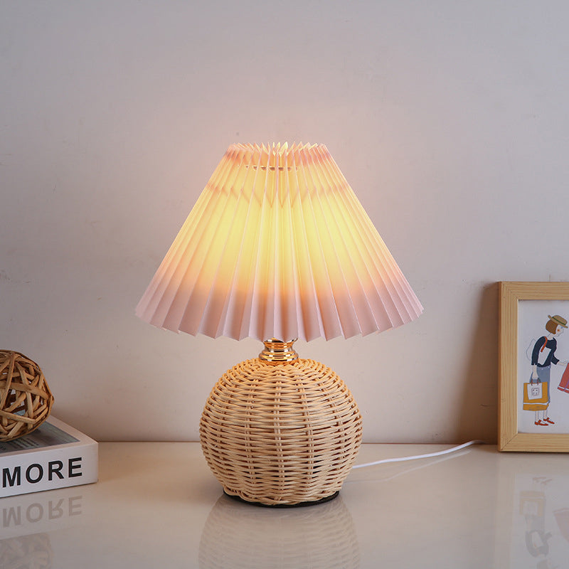 ScandiLuce: Rattan Table Lamp with Conical Fabric Shade & LED – for Bedroom & Living Room