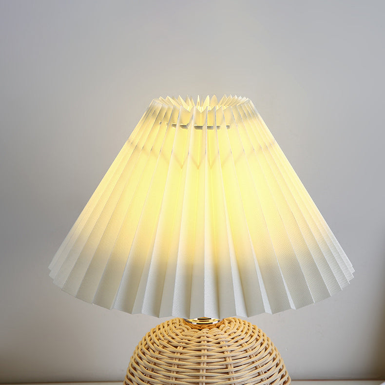 ScandiLuce: Rattan Table Lamp with Conical Fabric Shade & LED – for Bedroom & Living Room