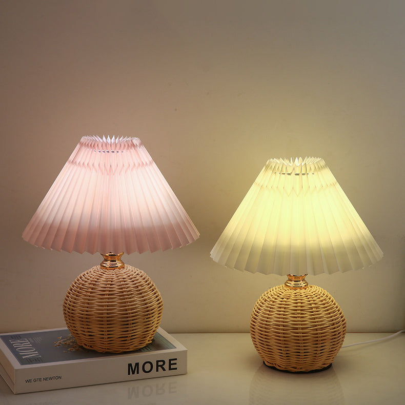 ScandiLuce: Rattan Table Lamp with Conical Fabric Shade & LED – for Bedroom & Living Room