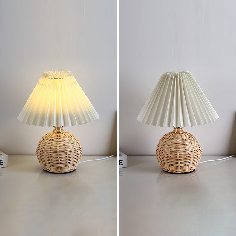 ScandiLuce: Rattan Table Lamp with Conical Fabric Shade & LED – for Bedroom & Living Room