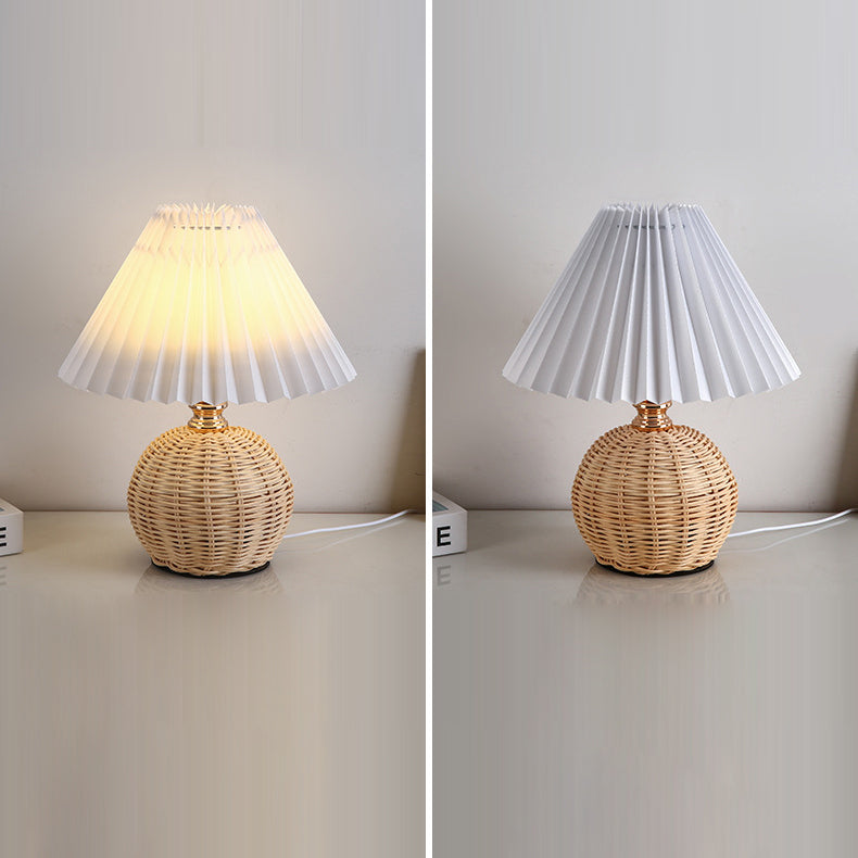 ScandiLuce: Rattan Table Lamp with Conical Fabric Shade & LED – for Bedroom & Living Room
